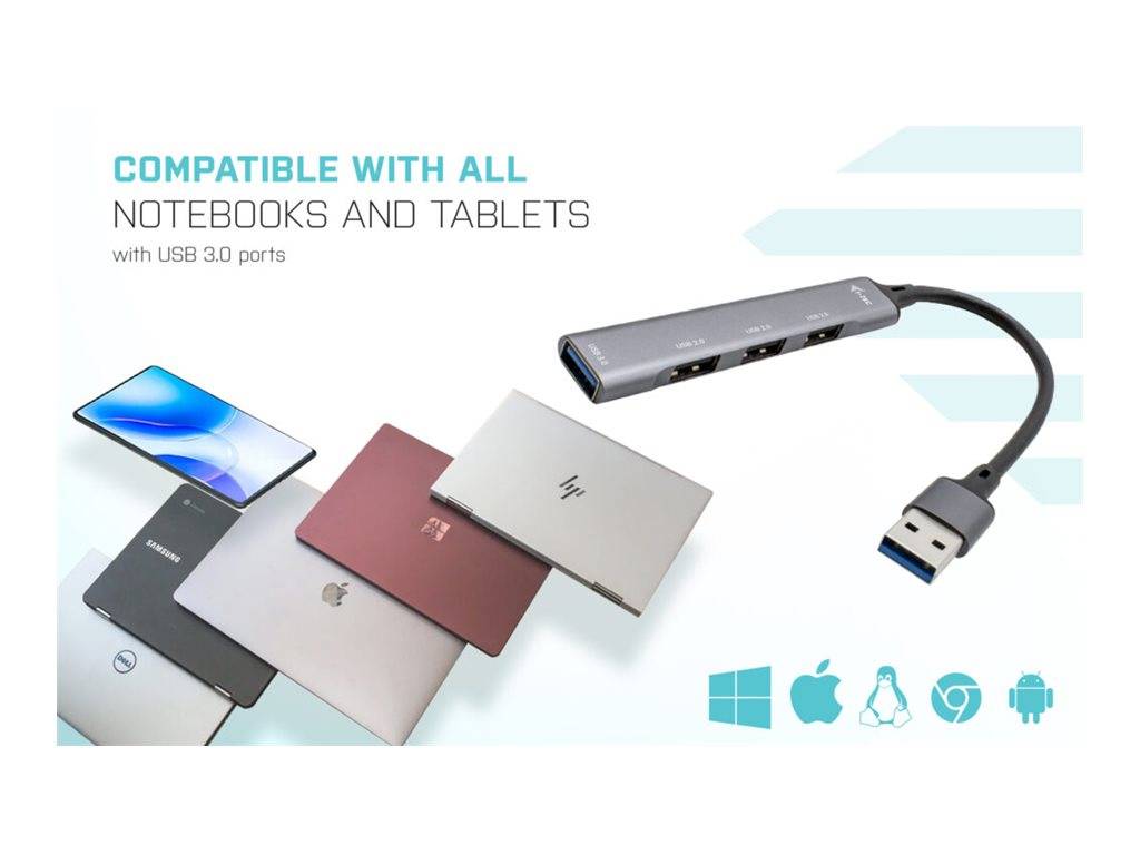 USB 3.0-Hub kompatibel mit allen Notebooks und Tablets, gezeigt mit Laptops und Tablet-Geräten sowie Windows-, Apple-, Linux-, Chrome- und Android-Symbolen.