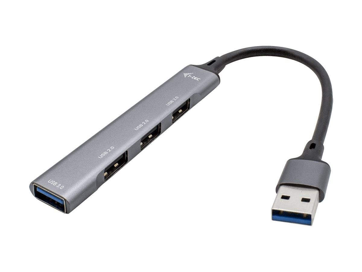 USB 3.0-Hub-Adapter mit drei USB-A-Anschlüssen und einem verbundenen USB-Stecker auf einem kurzen Kabel.