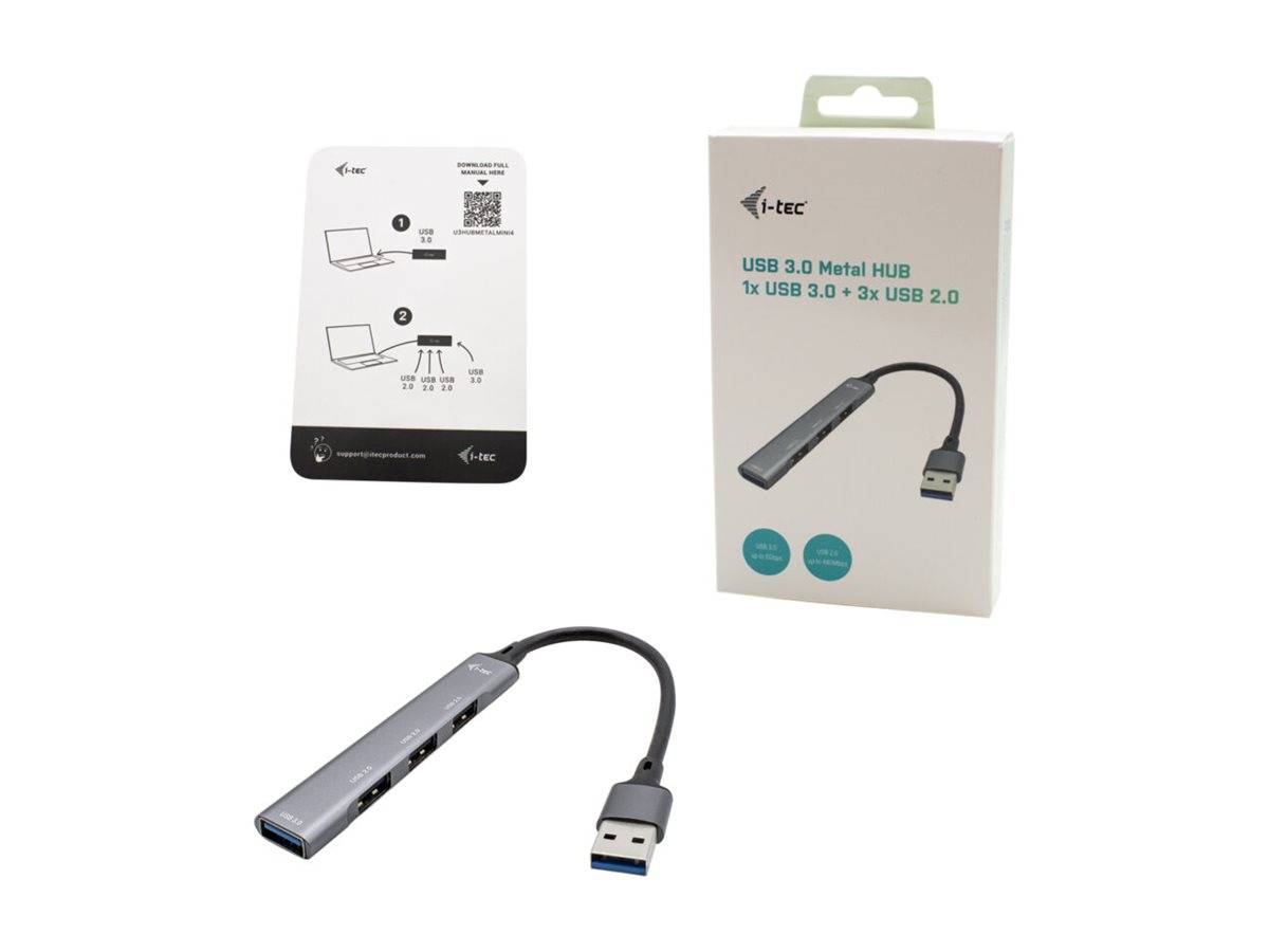 i-tec USB 3.0 Metal Hub Verpackung und Produkt gezeigt, gekennzeichnet mit „1x USB 3.0 + 3x USB 2.0