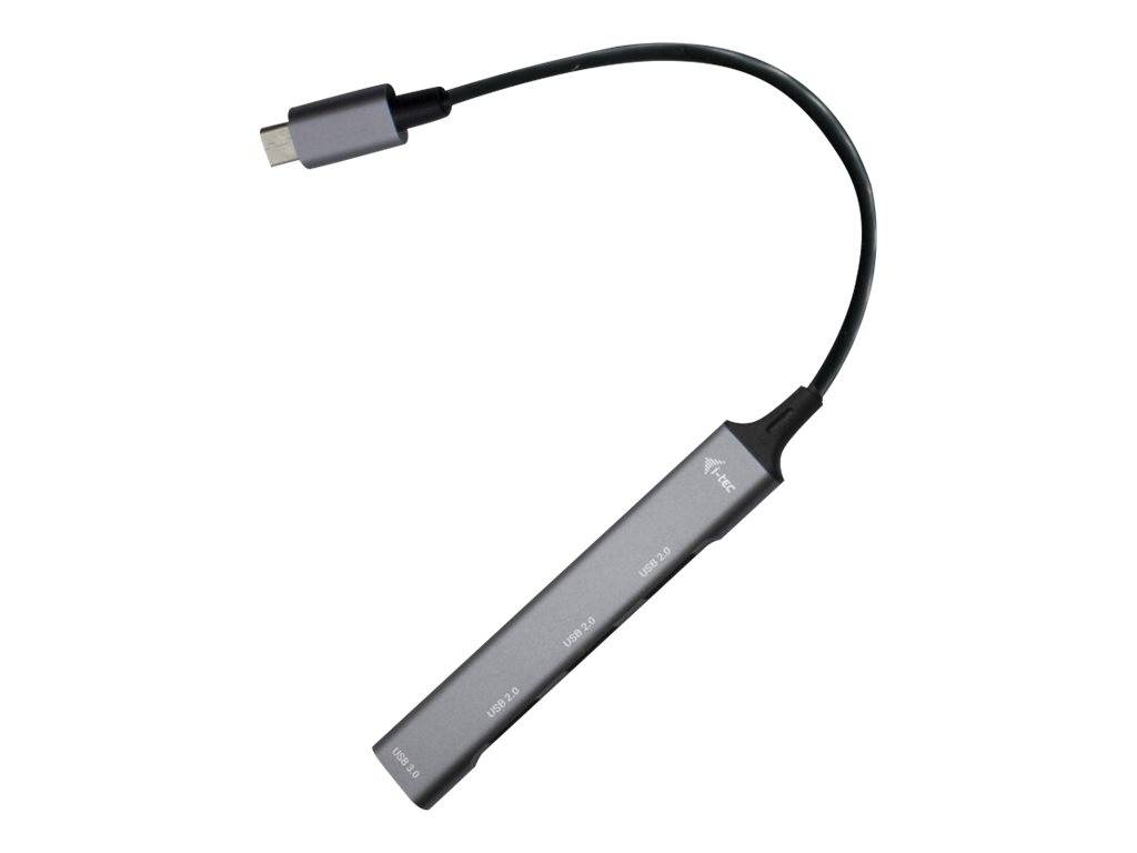 USB-C-Adapterkabel mit schlankem grauem Hub und kurzem schwarzem Kabel, auf weißem Hintergrund dargestellt.