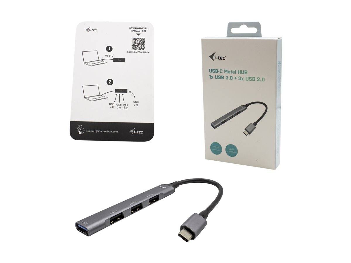 USB-C-Metallhub mit Verpackung; umfasst drei USB 3.0-Anschlüsse und zwei USB 2.0-Anschlüsse, dargestellt mit Laptop-Verbindungsdiagramm.