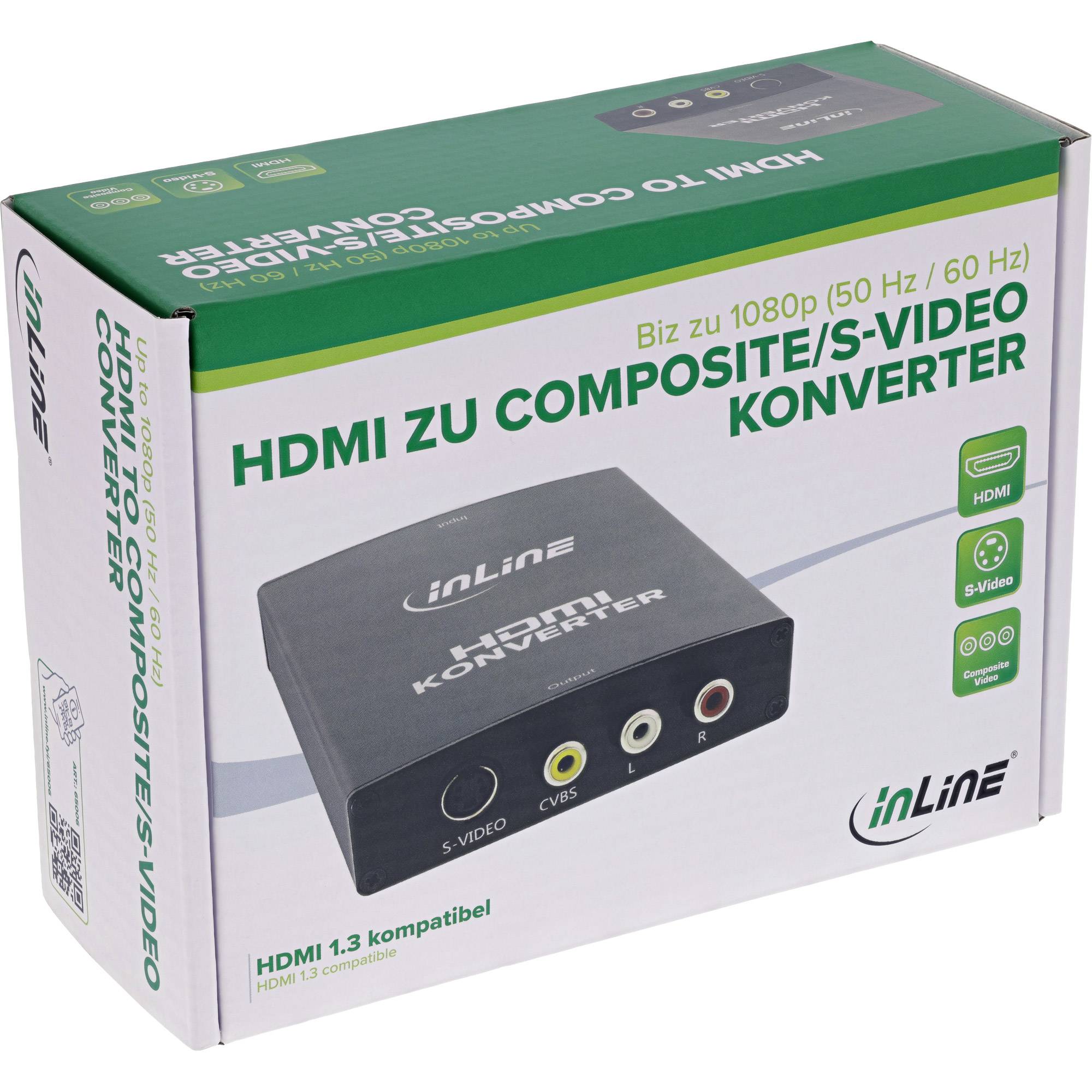 Kasten eines inLine HDMI zu Composite/S-Video-Wandlers, beschriftet mit „HDMI ZU COMPOSITE/S-VIDEO KONVERTER