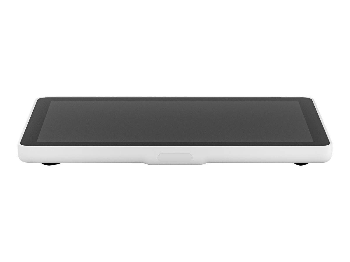 Schwarzes Touchscreen-Tablet mit silbernem Rahmen in Querformat auf weißem Hintergrund.