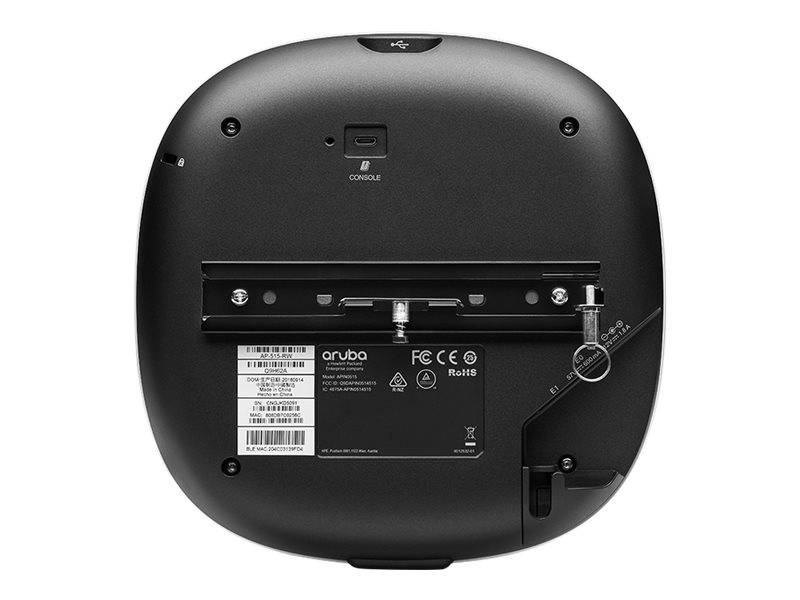 Unteransicht eines schwarzen Aruba-WLAN-Zugangspunkts mit Montageklammer, Konsolenport, Beschriftungen und Schrauben.