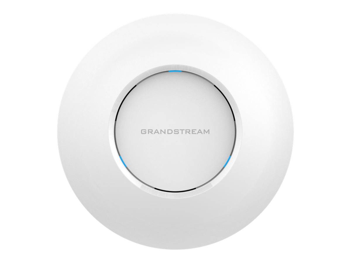Rundlicher weißer, wandmontierter Grandstream Wireless Access Point mit subtilen blauen Indikator-Akzenten auf einem einfachen Hintergrund.