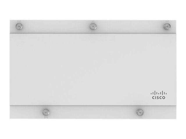Cisco-gekennzeichnetes leeres weißes wandmontiertes Panel oder Gerät mit Metallmontierungshalterungen und Schrauben oben und unten.