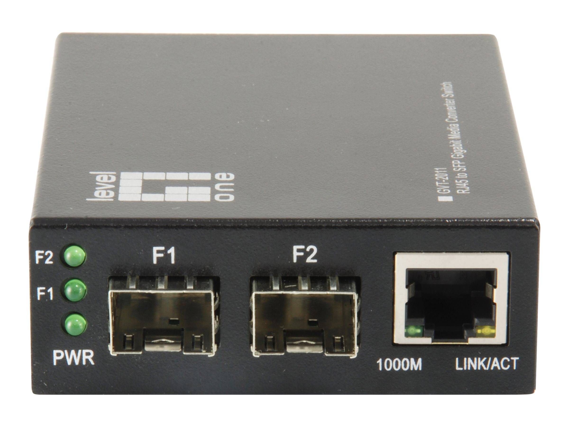 Schwarzer Netzwerk-Switch mit zwei Glasfaseranschlüssen mit den Bezeichnungen F1 und F2, einem Ethernet-Anschluss und Status-LEDs für Stromversorgung, 1000M und Link/Aktivität.