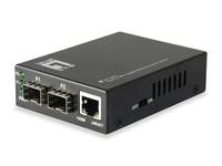 Schwarzes Netzwerkgerät mit zwei Faserports und einem Ethernet-Port auf der Frontplatte.