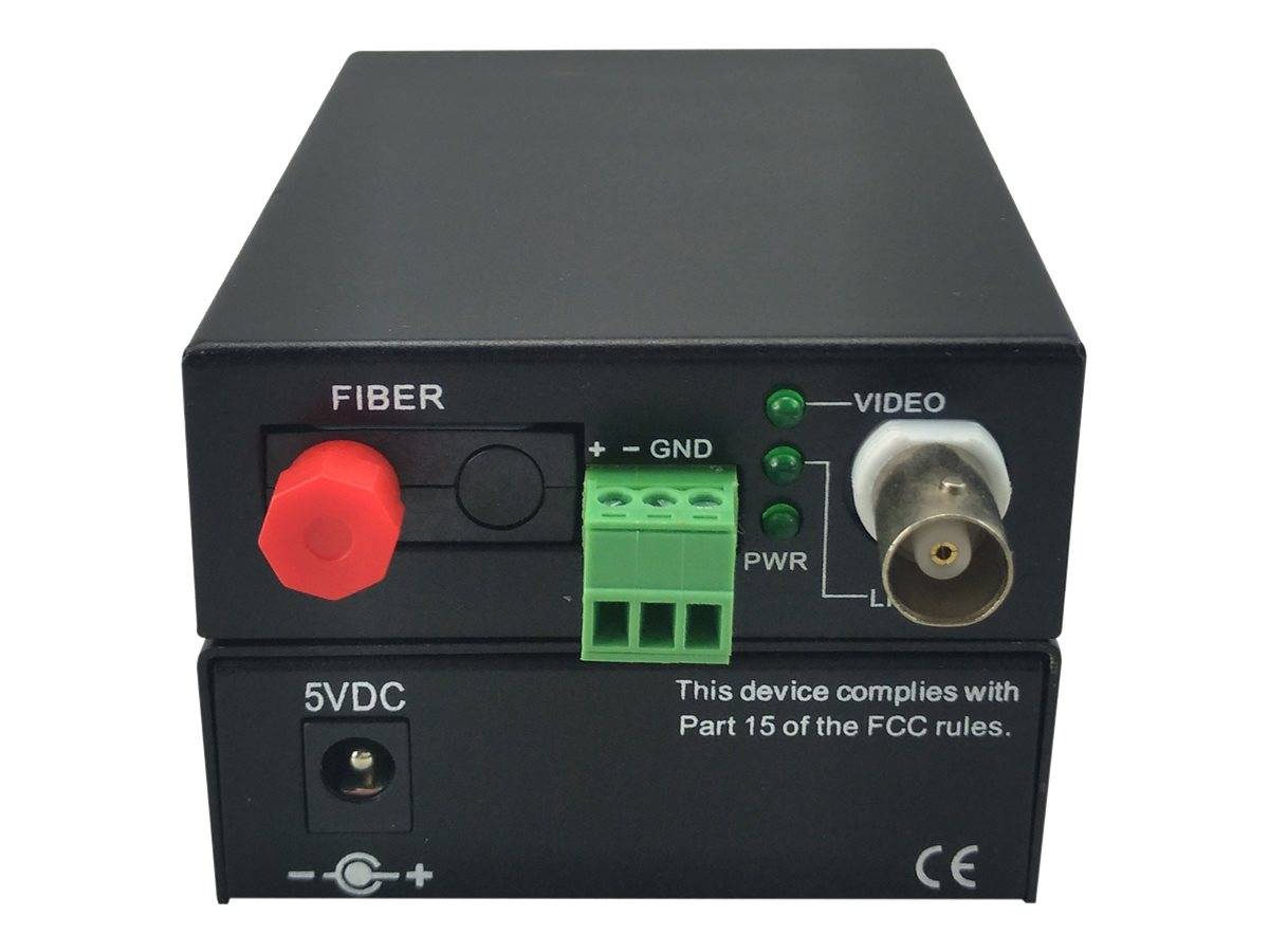 Schwarze Faservideokonverterbox mit rotem Faserport, grünem Klemmblock, BNC-Videokonnektor und 5-V-Gleichstromeingang auf der Frontplatte.