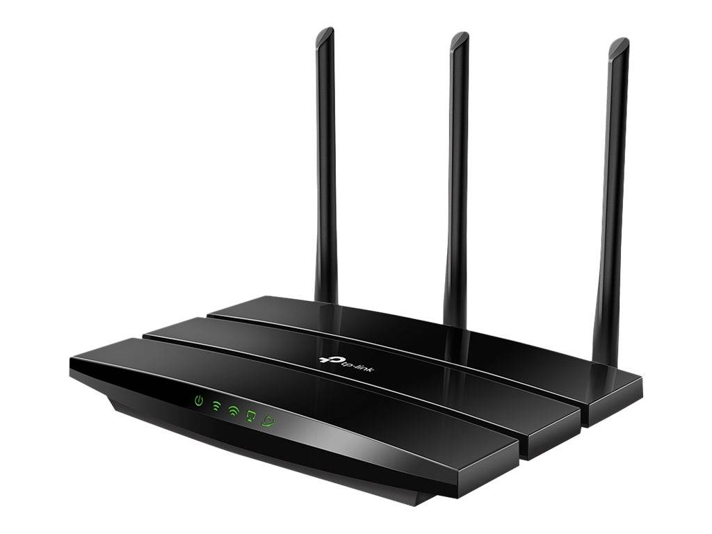 Schwarzer WLAN-Router mit drei Antennen, grünen Statusleuchten und TP-Link-Logo, auf weißem Hintergrund dargestellt.