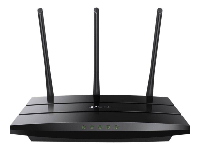 Schwarzer TP-Link WLAN-Router mit drei aufrechten Antennen und vorderen Statusleuchten.