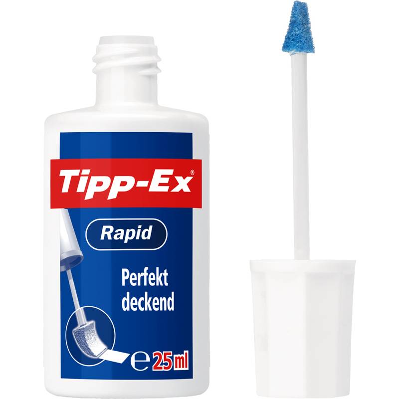 Eine weiße Flasche mit 'Tipp-Ex' Rapid Korrekturfluid mit blauem Etikett, die eine Nahaufnahme des Applikatorpinsels zeigt. Inhalt: 25 ml.