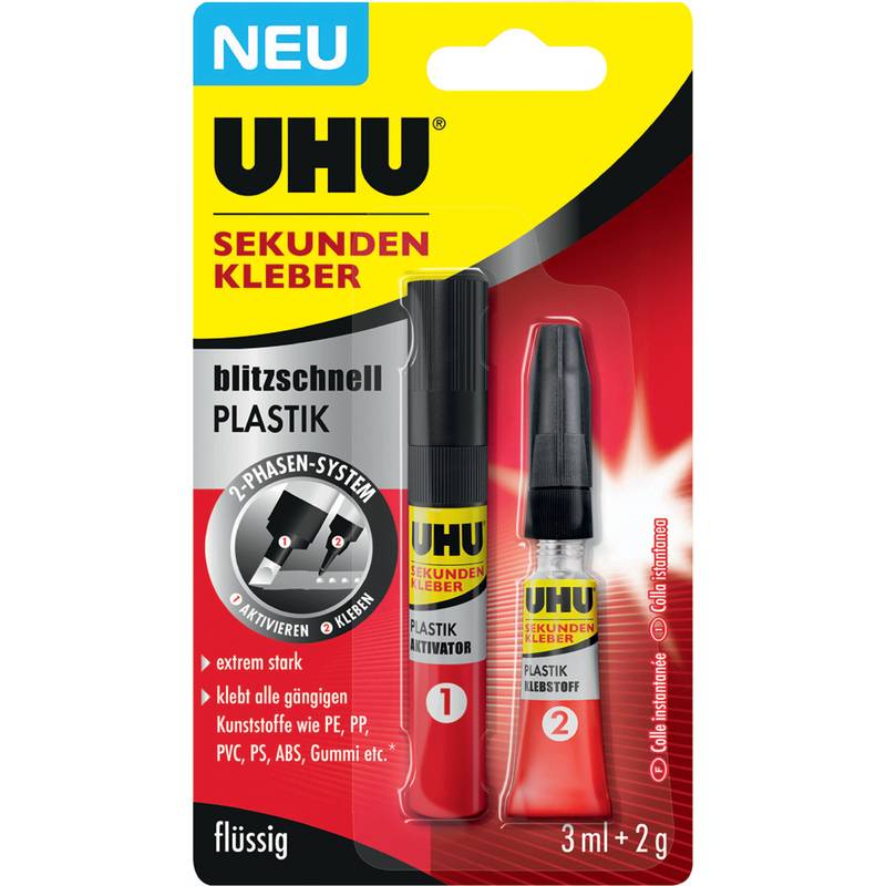 UHU Sekundenkleber blitzschnell PLASTIK, 3 ml + 2 g