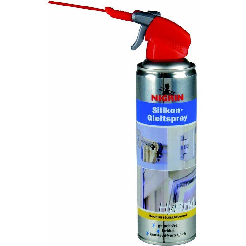 Rote NIGRIN Silikonspray-Dose mit angebrachtem Düsenapplikator auf weißem Hintergrund.