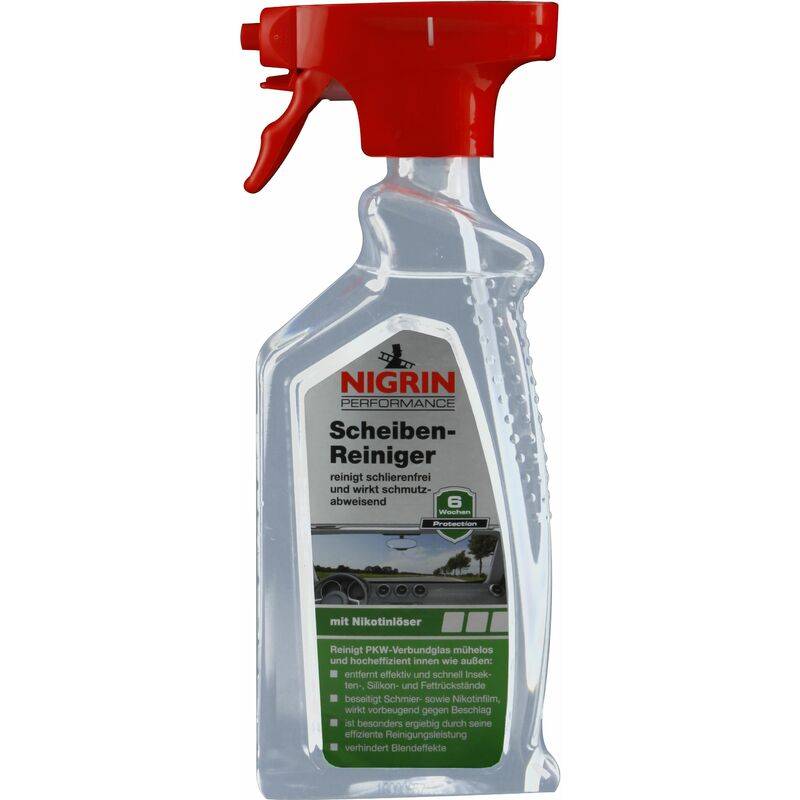 Nigrin Performance Scheiben-Reiniger' Sprühflasche mit roter Sprühdüse und Etikett, das die Reinigungseigenschaften und eine Kapazität von 6 L beschreibt.