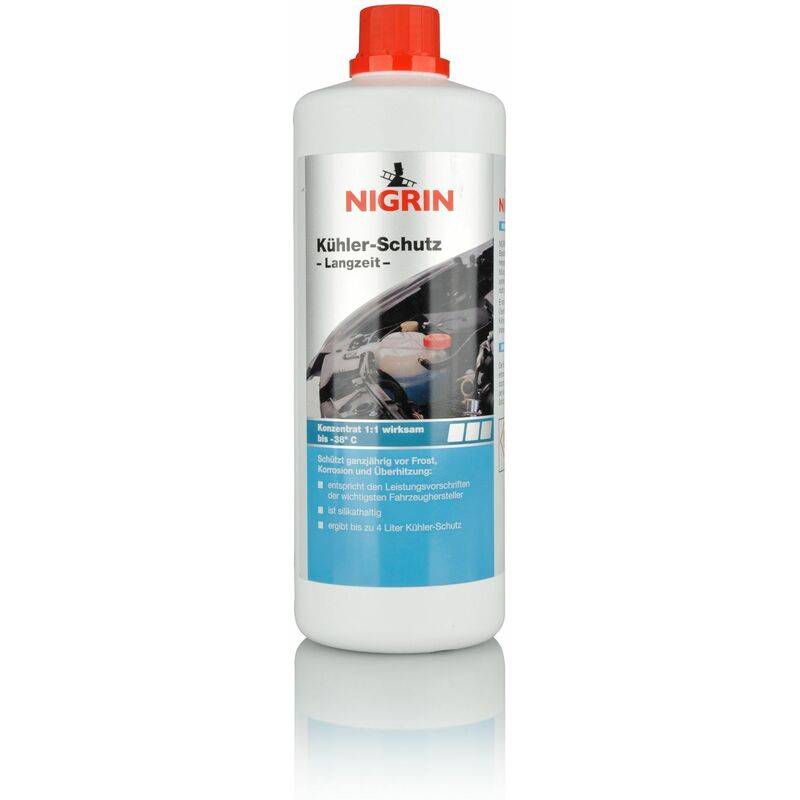 NIGRIN 'Kühler-Schutz - Langzeit' Kühlmittel-Flasche mit rotem Deckel auf weißem Hintergrund.