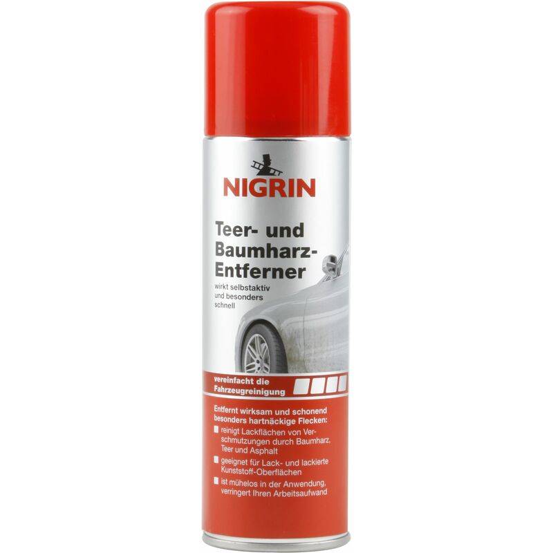 Nigrin Teer- und Baumharzentferner Spraydose mit rotem Deckel, auf Deutsch gekennzeichnet für effektive, sanfte Fahrzeugreinigung.