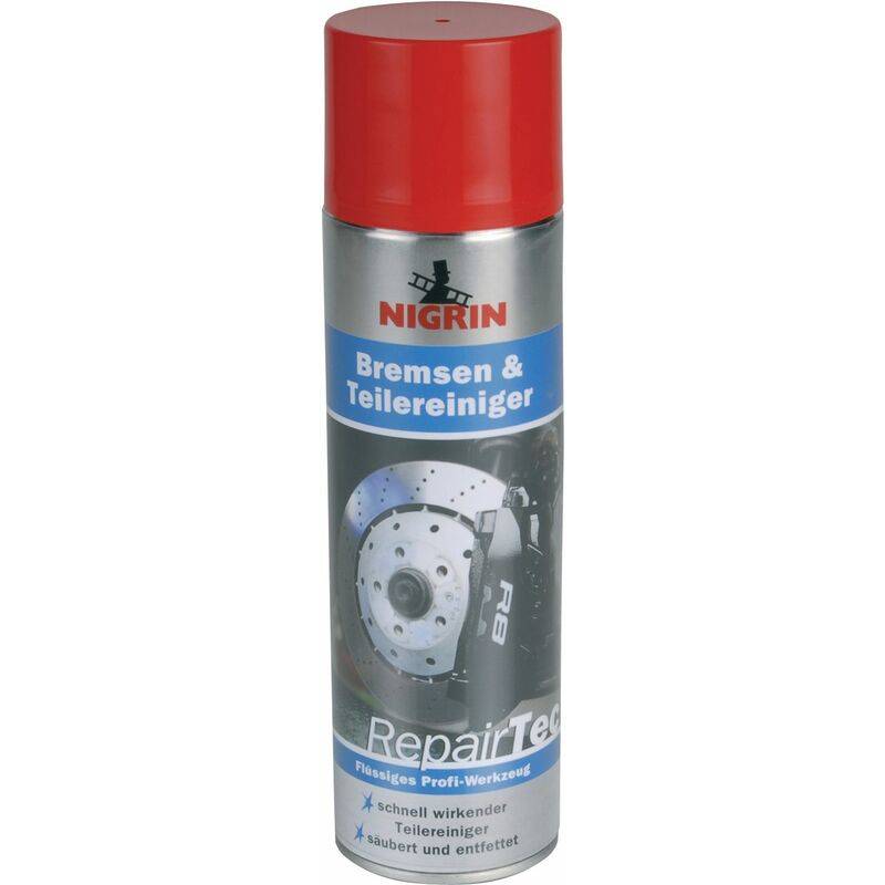 Ein NIGRIN Bremsen- und Teilereiniger-Spraydose mit roter Kappe, beschriftet mit „Bremsen & Teilereiniger