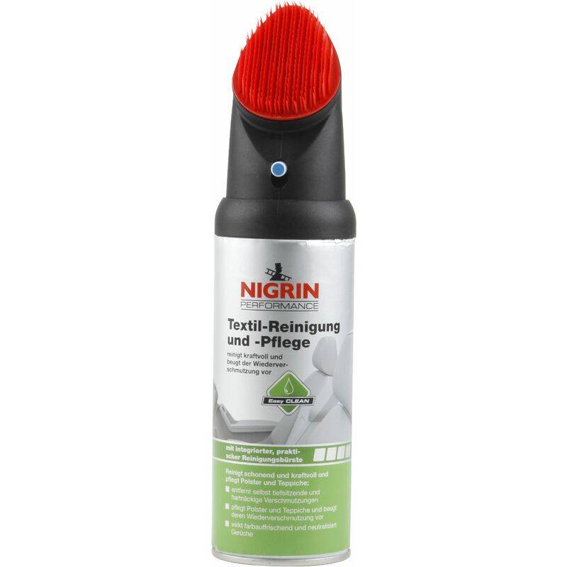 Eine Sprühdose von Nigrin Textil-Reinigung und -Pflege mit rotem Bürsten-Deckel, konzipiert für die Pflege von Polstern und Teppichen.