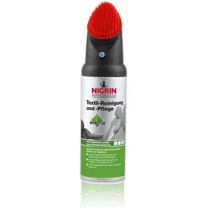 Eine Nigrin-Textilreinigings- und Pflegespray-Flasche mit rotem Bürstenkopf oben, gezeigt vor weißem Hintergrund.