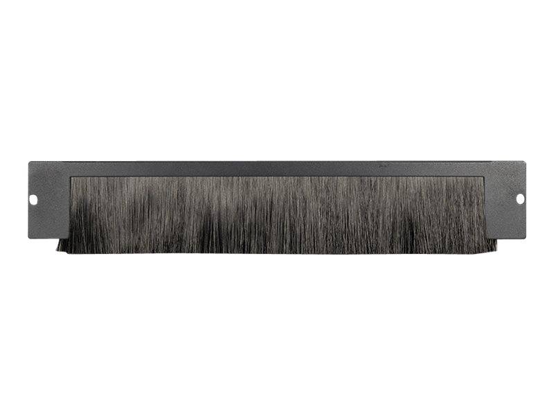 Schwarze Borsten-Bürstenleiste mit flacher Metallmontageklammer und Schrauben­löchern, dargestellt auf weißem Hintergrund.
