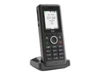 Schwarzes schnurloses Telefonhandset, das in einer Ladestation steht, mit kleinem Display und sichtbarem Tastenfeld.