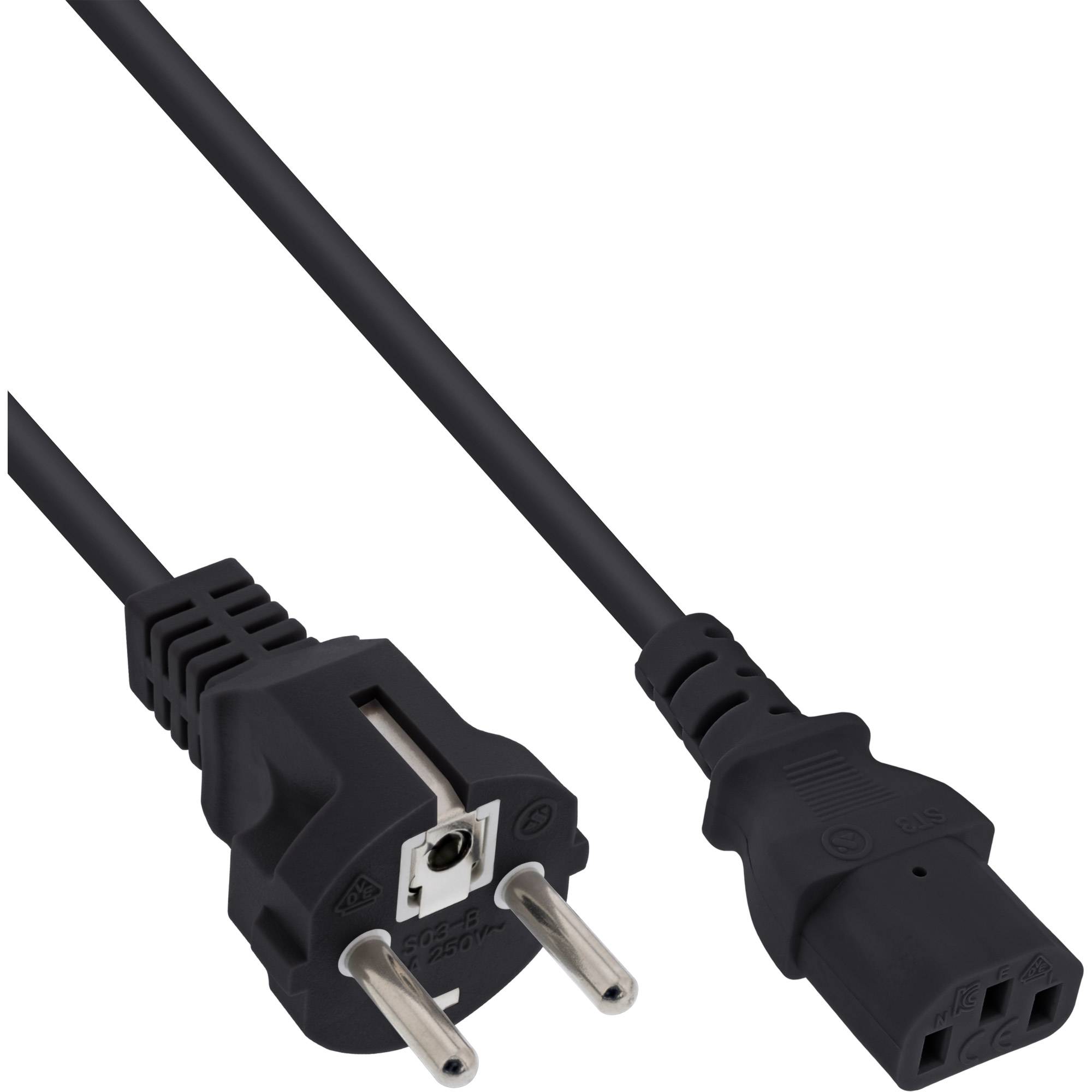 Schwarzes Stromkabel mit einem zweipoligen europäischen Stecker auf der einen Seite und einem IEC-C13-Stecker auf der anderen Seite.