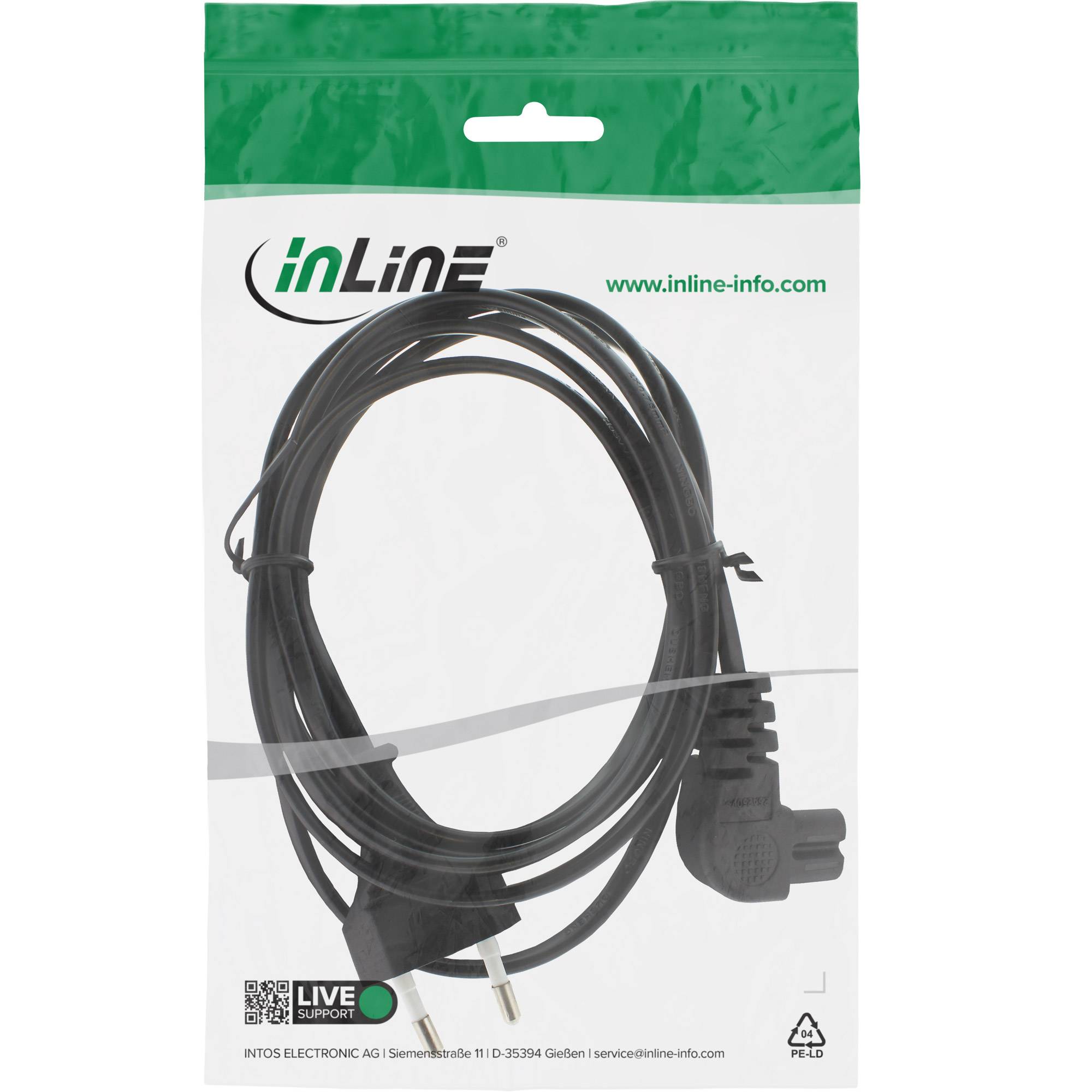 Verpacktes schwarzes Stromkabel mit europäischem Stecker, gezeigt auf einer inLine-Einzelhandelstasche mit Logo und Website.