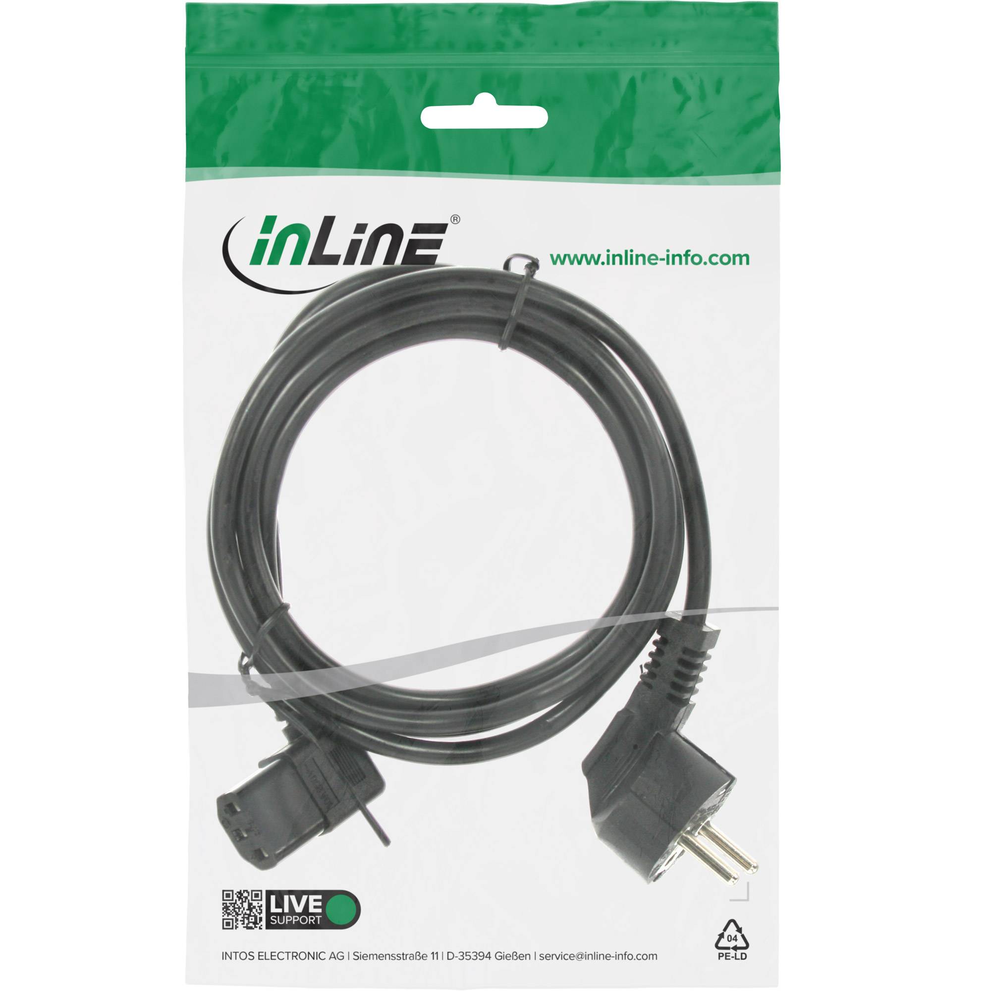 INLINE - Netzkabel - Schutzk. gew. / Kaltgerätest. C13 links abgew. - schwarz - 1,8m