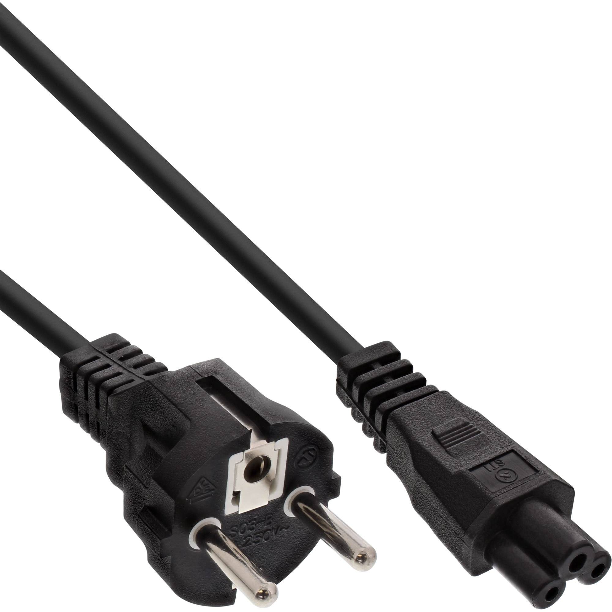 Schwarzes Stromkabel mit europäischem Zweipolstecker und IEC-C7-Stecker, auf weißem Hintergrund dargestellt.