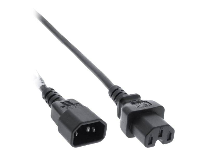Nahaufnahme eines schwarzen Stromkabels mit zwei IEC-ähnlichen Steckern, einem Stecker und einer Buchse, auf weißem Hintergrund.