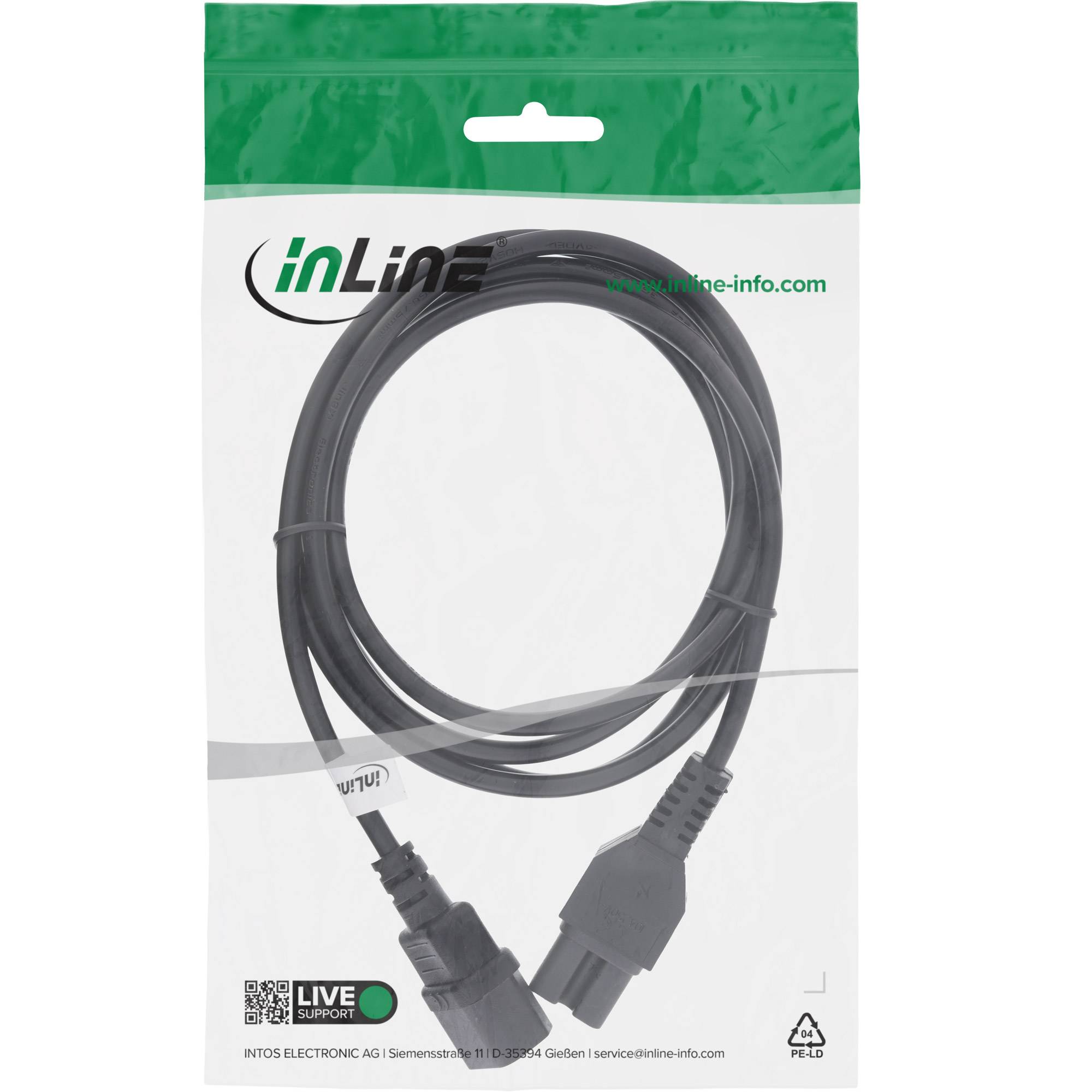 Verpacktes inLine-Kabel mit zwei Anschlüssen, aufgerollt in einer klaren Einzelhandelsverpackung mit grünem Etikett und inLine-Logo dargestellt.