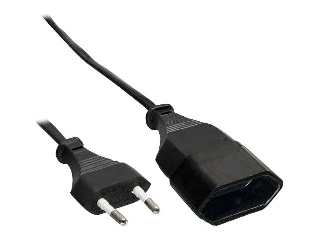 Ein schwarzes Stromkabel mit einem europäischen zweipoligen Stecker, verbunden mit einem rechteckigen weiblichen Anschluss auf weißem Hintergrund.