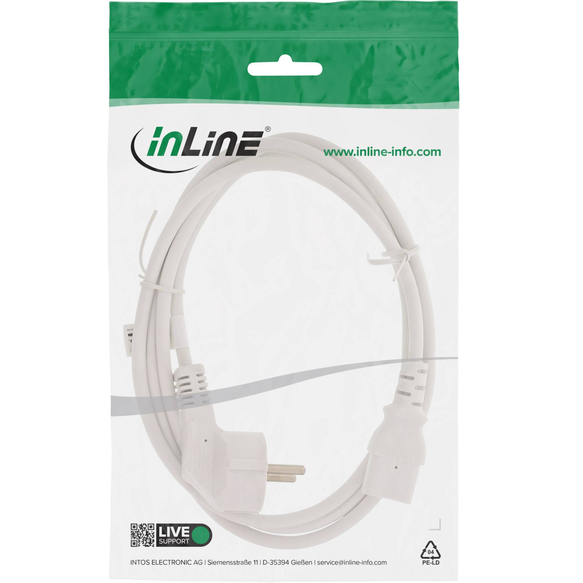 INLINE - Netzkabel - Schutzkontakt gewinkelt auf Kaltgerätestecker C13 - weiß - 3m