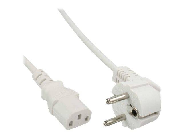 Weißes Stromkabel mit europäischem zweipoligem Stecker auf der einen Seite und IEC-Computer-Stecker auf der anderen Seite, auf einfachem Hintergrund dargestellt.
