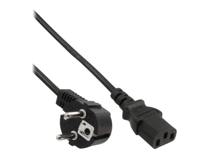 Schwarzes Stromkabel mit europäischem zweipoligem Stecker auf der einen Seite und IEC-Computeranschluss auf der anderen Seite, gezeigt auf weißem Hintergrund.