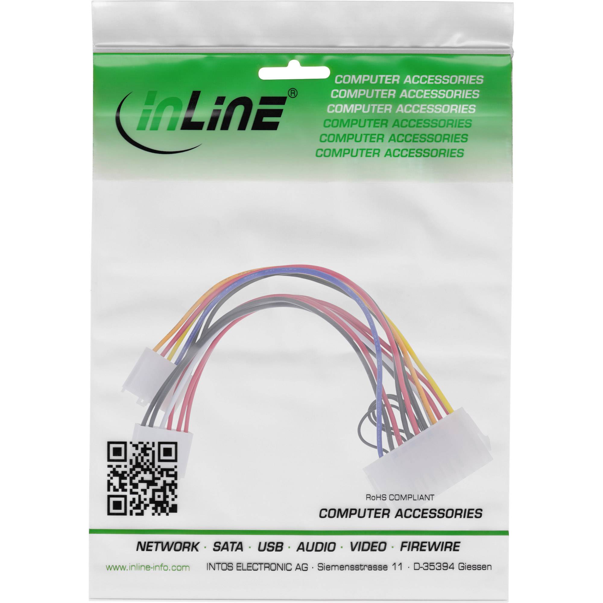 Paket eines InLine-Computerzubehörkabelstrangs mit mehrfarbigen Drähten, weißen Steckverbindern und einem QR-Code auf der Verpackung.