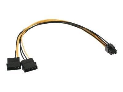 Ein Computer-Netzteiladapterkabel mit zwei schwarzen Steckern an einem Ende und einem einzelnen Stecker am anderen Ende.