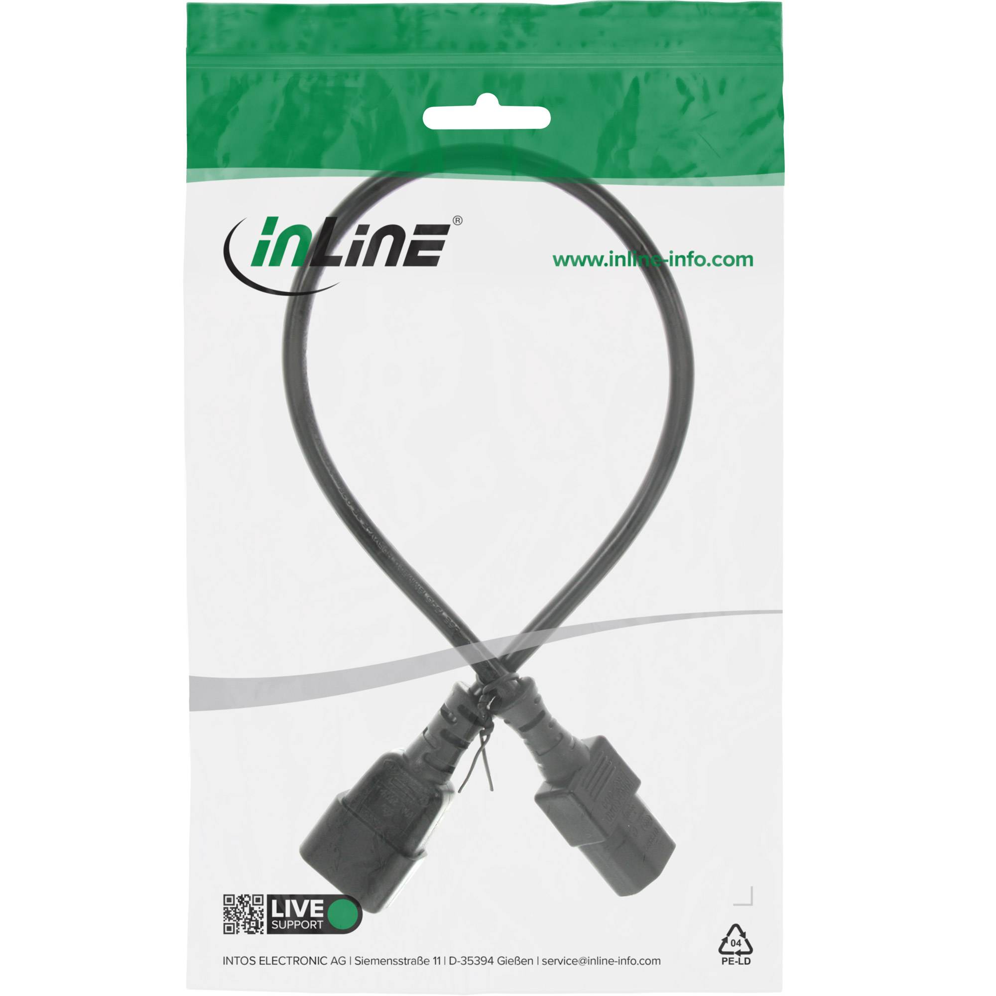 Verpacktes schwarzes Kabel mit zwei Steckverbindern, gezeigt auf einer weißen inLine-Einzelhandelsverpackung mit grüner Kopfzeile und der Website www.inline-info.com.