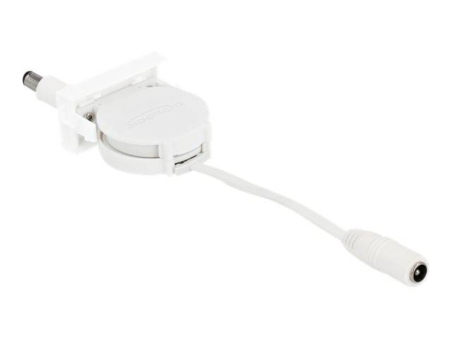 Weiße Aufrollhaspel für Stromkabel mit einem Stecker an einem Ende und einem DC-Barrel-Stecker am anderen Ende.