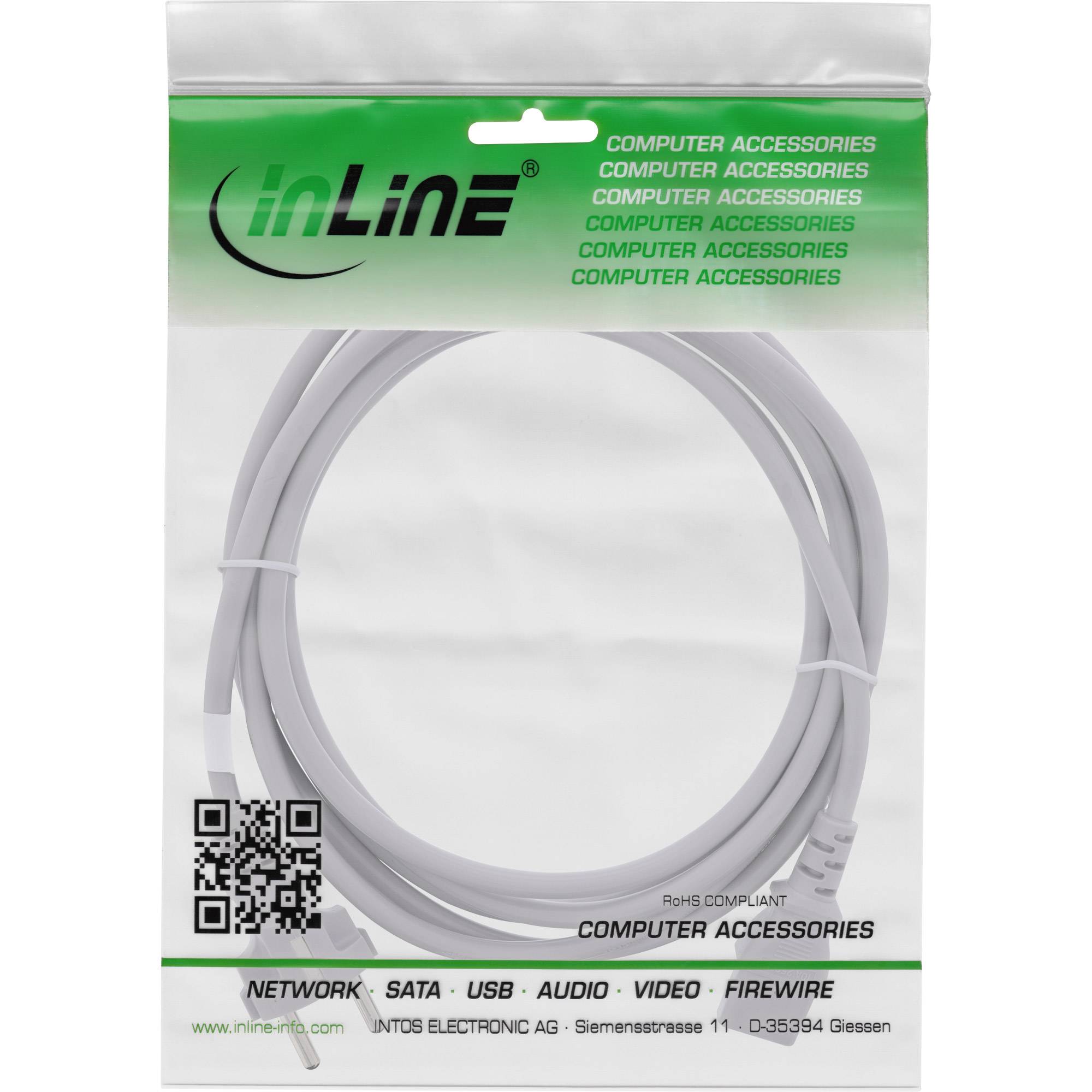 INLINE - Netzkabel - Schutzkontakt gerade auf Kaltgerätestecker C13 - 5,0m - grau