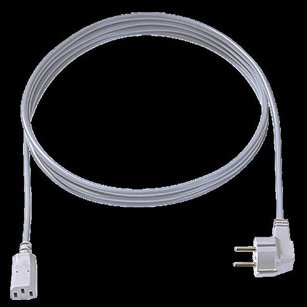 Ein weißes elektrisches Netzkabel mit einem dreiphasigen Stecker auf der einen Seite und einem Zweipolstecker auf der anderen Seite, aufgewickelt in einer kreisförmigen Form.