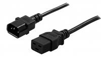 Schwarzes Stromkabel mit zwei IEC-Steckern auf weißem Hintergrund, ein männlicher und ein weiblicher Stecker.