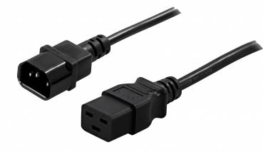 Schwarzes Stromkabel mit IEC-C14-Stecker auf der einen Seite und IEC-C13-Buchse auf der anderen Seite, dargestellt auf weißem Hintergrund