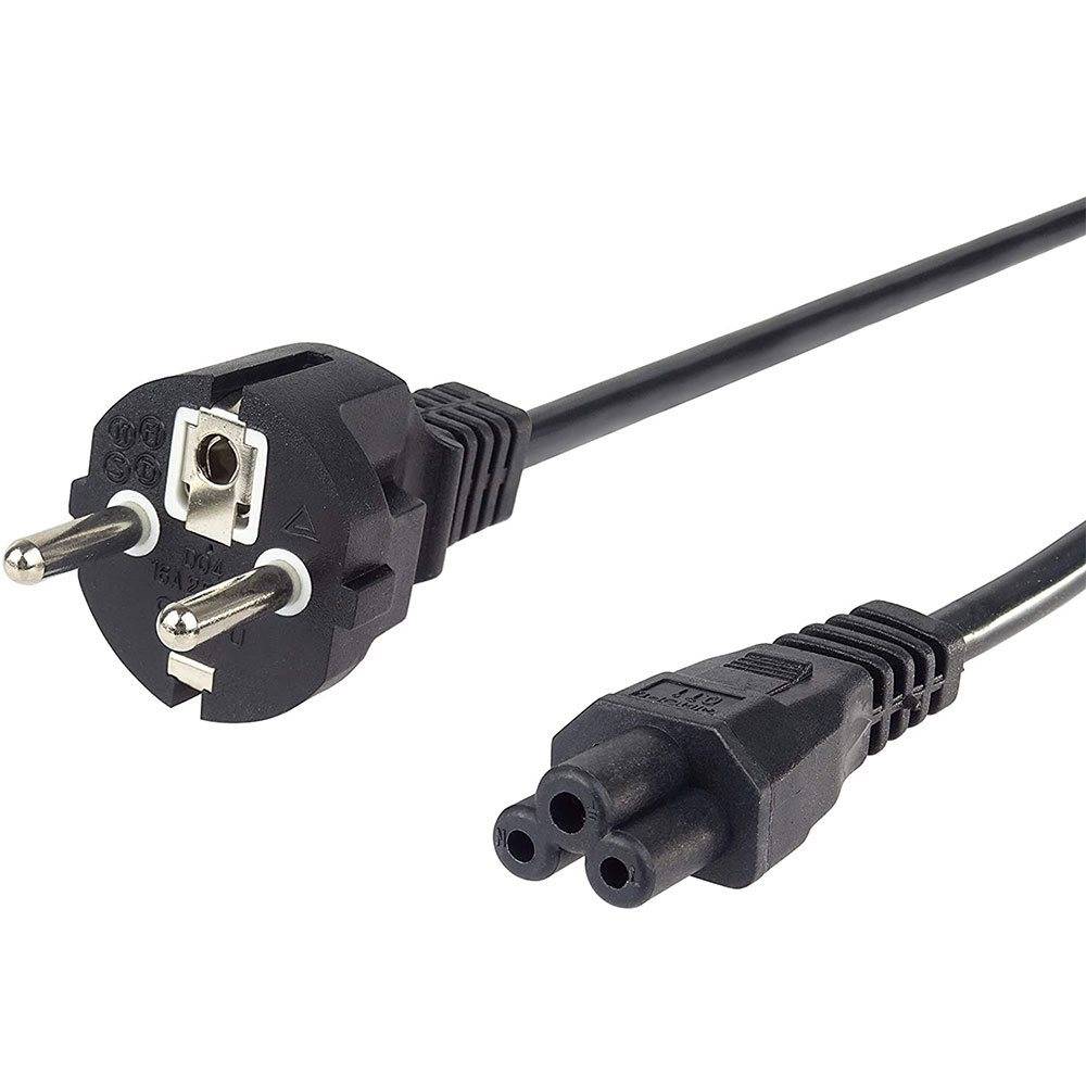 Schwarzes Stromkabel mit einem zweipoligen europäischen Stecker und einer dreilochigen Buchse am anderen Ende.