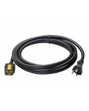 Aufgerolltes schwarzes Stromkabel mit einem gelb gekennzeichneten Stecker an einem Ende und einem Standard-Wandstecker am anderen Ende.