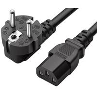 Schwarzes Stromkabel mit europäischem Schuko-Stecker auf der einen Seite und IEC-C13-Stecker auf der anderen Seite, dargestellt auf weißem Hintergrund.