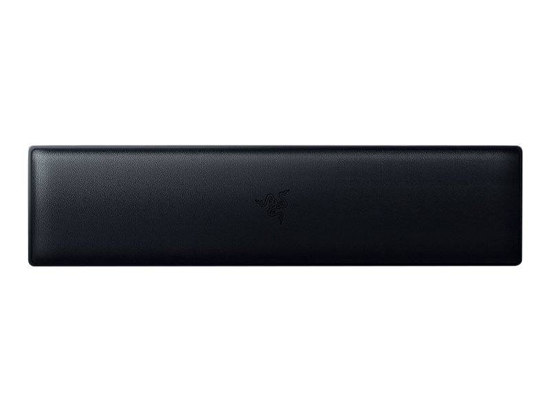 Schwarze rechteckige Razer-Handgelenkstütze oder Handballenauflage mit subtlem Logo, vor einem schlichten weißen Hintergrund dargestellt.
