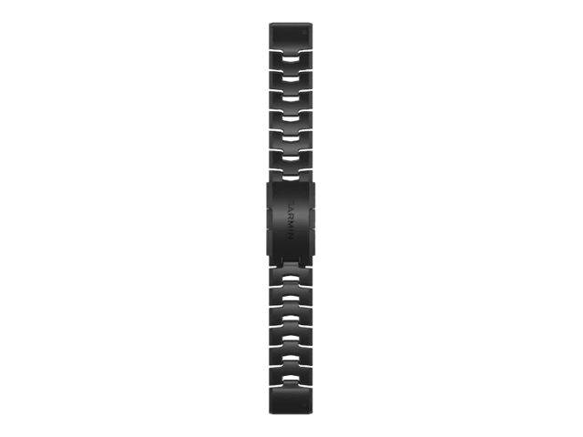 Schwarzes Metallarmband für Uhr mit mittlerem Verschluss, vertikal auf weißem Hintergrund dargestellt.