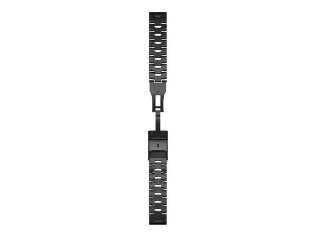 Ein schwarz-silbernes Metallarmband für eine Uhr, das vertikal auf weißem Hintergrund gezeigt wird, mit einer Schließe in der Mitte.
